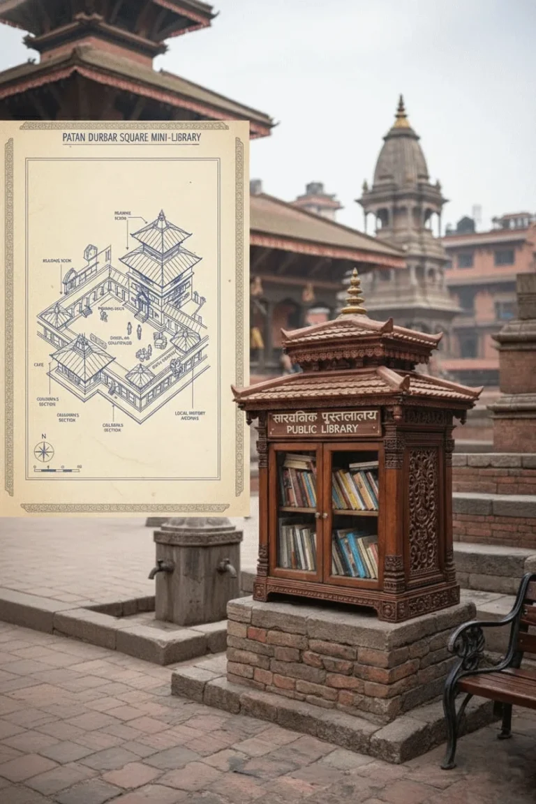 Projects मन्दिर क्षेत्रमा इँटाको चौतारीमाथि पगोडा छानासहितको सार्वजनिक पुस्तकालय लेखिएको काठको पुस्तक दराज र छेउमा स्थल नक्सा